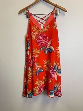 Aura Tropical Strappy V-Neck Slip Dress - Vibrant Coral Floral
